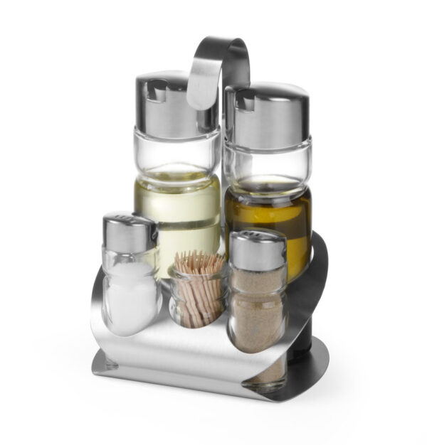 Ménagère 5 pièces Luxe huil,vinaig,poivr,sel,curedent