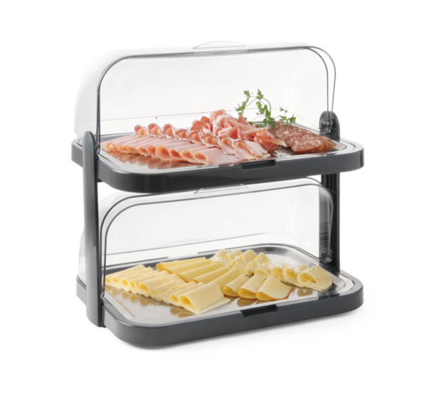 Vitrine à couvercle coulissant avec plateau double